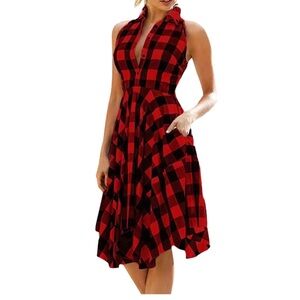 BUFFALO PLAID Red and Black Sleeveless Asymmetrical Swing Dress S NWOT